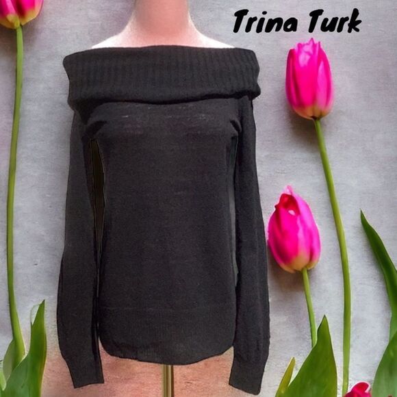 TRINA TURK NWT WOOL BLEND KNIT LIGHT WEIGHT SWEATER BLACK OFF THE SHOULDER SMALL - Picture 3 of 9